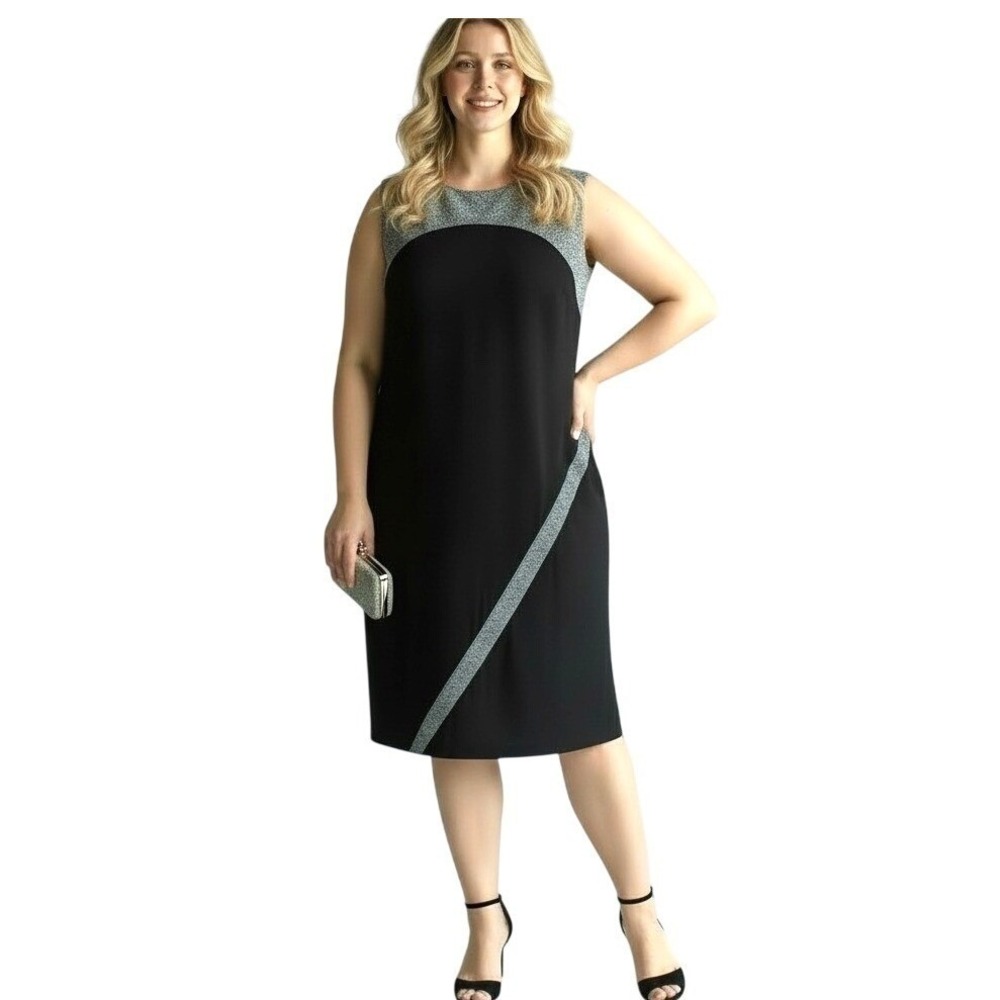 Tommy Hilfiger Women's Black Silver Glitter Geometric Shift Dress Plus Size 20W
